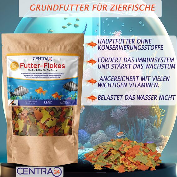 Centra24 Premium Fischfutter 1L, Futter-Flakes, Flocken - Hauptfuttermittel für alle Zierfische mit Vitaminen ohne Konservierungsstoffe, Aquarium, Süßwasserfisch