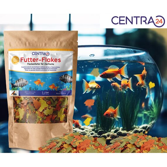 Centra24 Premium Fischfutter 1L, Futter-Flakes, Flocken - Hauptfuttermittel für alle Zierfische mit Vitaminen ohne Konservierungsstoffe, Aquarium, Süßwasserfisch