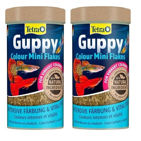 Tetra Guppy Colour Mini Flakes - Fischfutter für alle Guppys, feines Flockenfutter für kräftige Farben, 250 ml Dose (Packung mit 2)