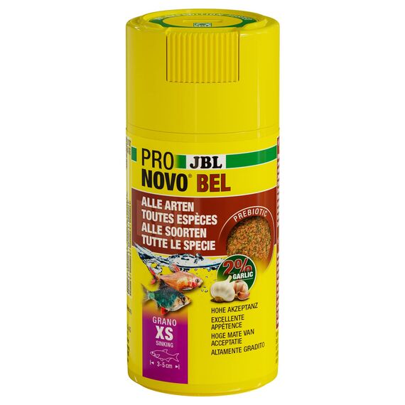 JBL PRONOVO BEL GRANO, Hauptfutter für alle Aquarienfische von 3-5 cm, Fischfutter-Granulat, Klickdosierer, Größe XS, 100 ml