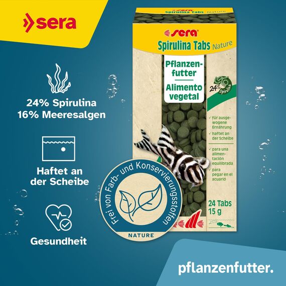 sera Spirulina Tabs Nature 24 Tabs (15 g) - Hafttabletten mit 24 % Spirulina für eine gesunde Verdauung und Vitalität, Futtertabletten Aquarium