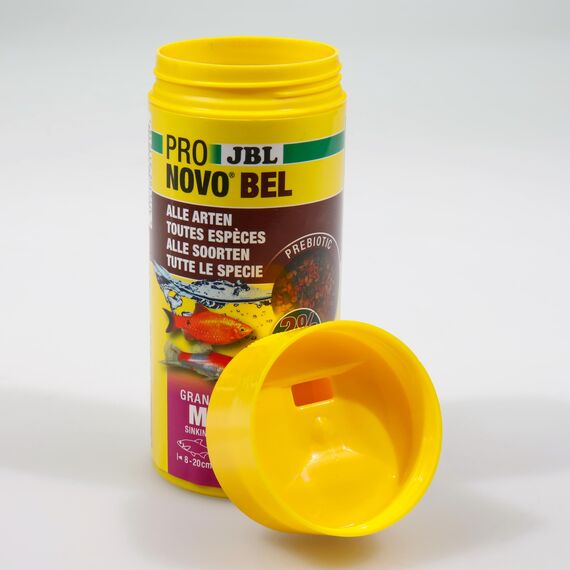 JBL PRONOVO BEL GRANO, Hauptfutter für alle Aquarienfische von 8-20 cm, Fischfutter-Granulat, Klickdosierer, Größe M, 250 ml