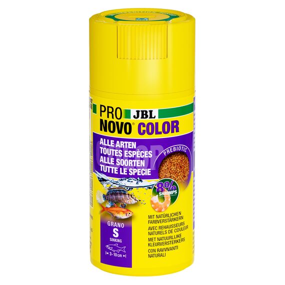 JBL PRONOVO COLOR GRANO CLICK, Farbfutter-Granulat für alle Aquarienfische von 3-10 cm, Klickdosierer, Fischfutter-Granulat, Größe S, 100 ml