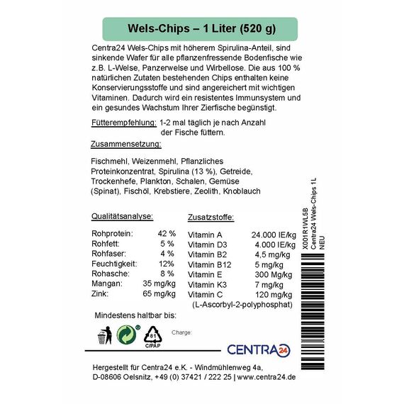 Centra24 Wels-Chips 1 Liter, Formstabile Wafer mit hohem Spirulina Anteil+Vitaminen, Futtertabletten, Welsfutter, Fischfutter, für L-Welse, Zierfische, wiederverschließbar.