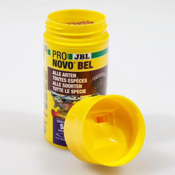 JBL PRONOVO BEL GRANO, Hauptfutter für alle Aquarienfische von 3-10 cm, Fischfutter-Granulat, Klickdosierer, Größe S, 100 ml