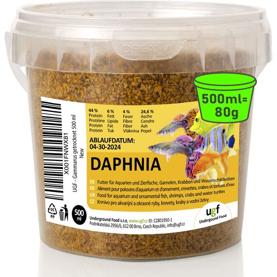 UGF - Premium Daphnia Wasserflöhe - 80g im 500 Milliliter Eimer, Getrocknet Fischfutter Aquarium, Aquarium Futter, Snacks für Zierfische