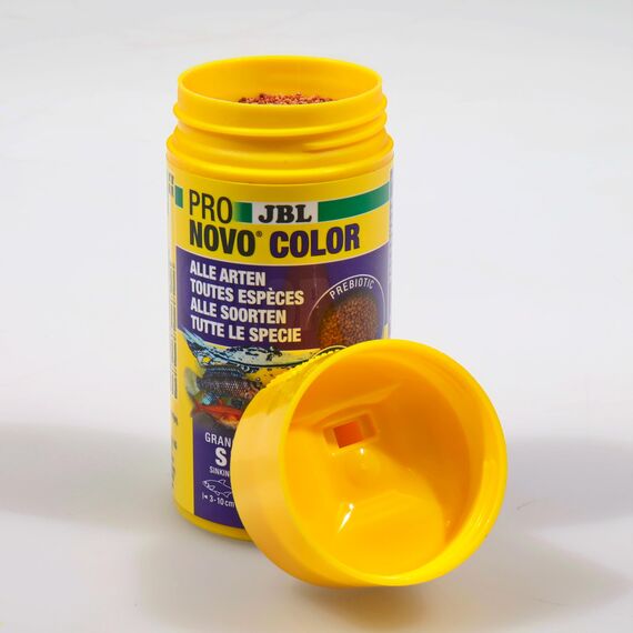JBL PRONOVO COLOR GRANO CLICK, Farbfutter-Granulat für alle Aquarienfische von 3-10 cm, Klickdosierer, Fischfutter-Granulat, Größe S, 100 ml