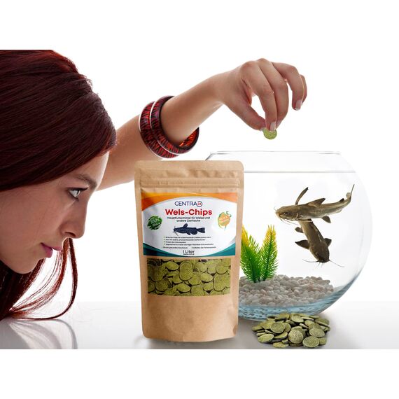 Centra24 Wels-Chips 1 Liter, Formstabile Wafer mit hohem Spirulina Anteil+Vitaminen, Futtertabletten, Welsfutter, Fischfutter, für L-Welse, Zierfische, wiederverschließbar.