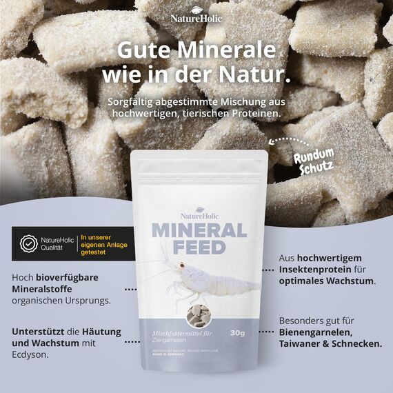 NatureHolic - Garnelenfutter Mineralfeed I Mineralfutter für Garnelen, Krebse und Krabben I Made in Germany I Frei von Fischmehl und minderwertigen Tiermehlen I Für Aquarienschnecken auch geeignet