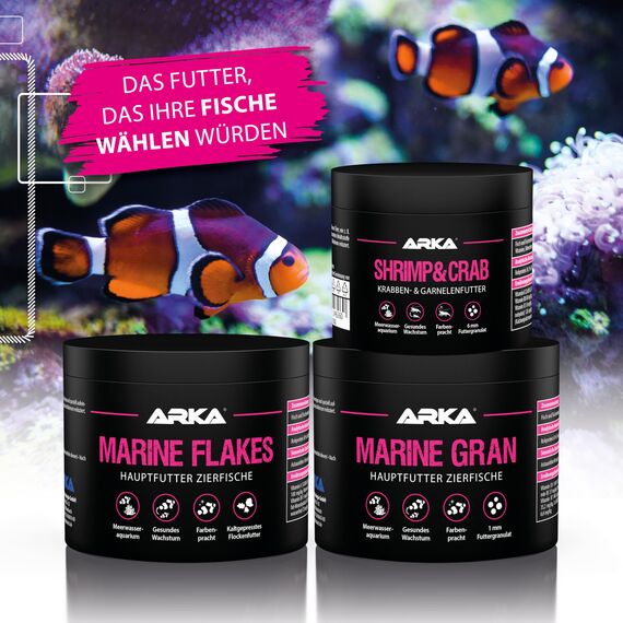 Flockenfutter Meerwasserfische 500 ml / 50 g – kaltgepresstes Hauptfutter für Farbenpracht, Wachstum & gesunde Vitalität – ohne Spirulina & minderwertiges Fischmehl – ARKA Marine Flakes