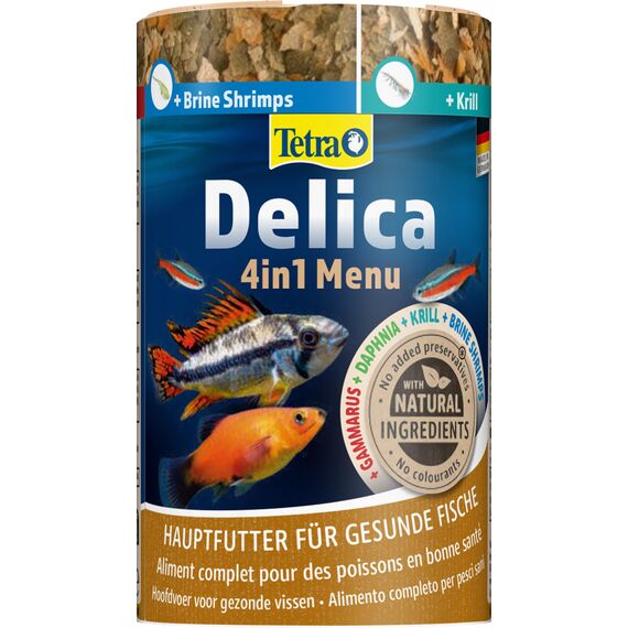 Tetra Delica Menu Naturfutter - 4 verschiedenen Futtertier-Sorten in einzelnen Kammern (Wasserflöhe, Artemia, Krill, Gammarus), natürliche Snacks für Zierfische, 100 ml Dose