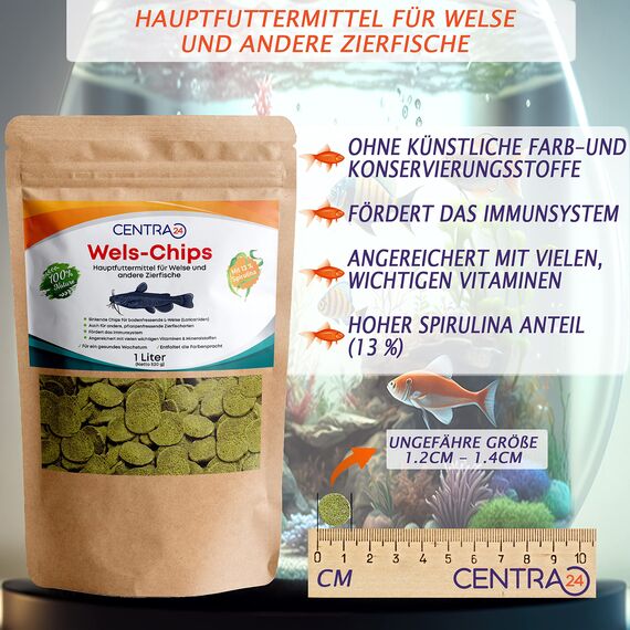 Centra24 Wels-Chips 1 Liter, Formstabile Wafer mit hohem Spirulina Anteil+Vitaminen, Futtertabletten, Welsfutter, Fischfutter, für L-Welse, Zierfische, wiederverschließbar.