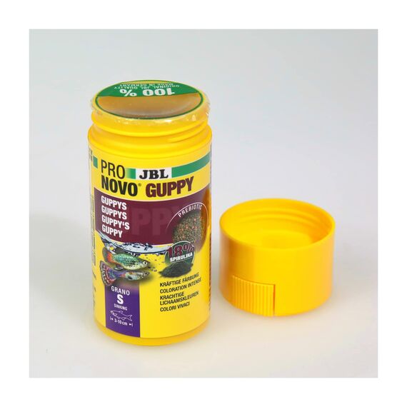 JBL PRONOVO GUPPY GRANO, Hauptfutter für Guppys und Lebendgebärende von 3-10 cm, Fischfutter-Granulat, Klickdosierer, Größe S, 100 ml