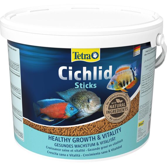 Tetra Cichlid Sticks - Fischfutter für alle Cichliden und andere große Zierfische, schwimmfähige Futtersticks, 10 L Eimer