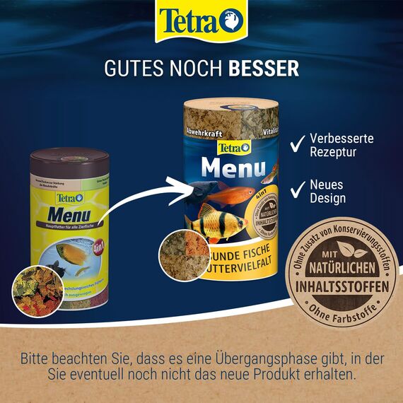 Tetra Menu Fischfutter - Hauptfuttermix mit 4 Spezialflocken in getrennten Kammern, abwechslungsreiches Futter für alle Zierfische, 250 ml Dose