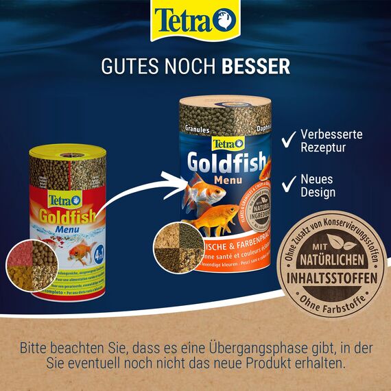 Tetra Goldfish Menu - 4in1 Fischfutter-Mix mit Crisps, Flocken, Granulat und Daphnien für alle Goldfische und andere Kaltwasserfische, 250 ml Dose
