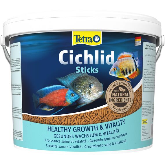 Tetra Cichlid Sticks - Fischfutter für alle Cichliden und andere große Zierfische, schwimmfähige Futtersticks, 10 L Eimer