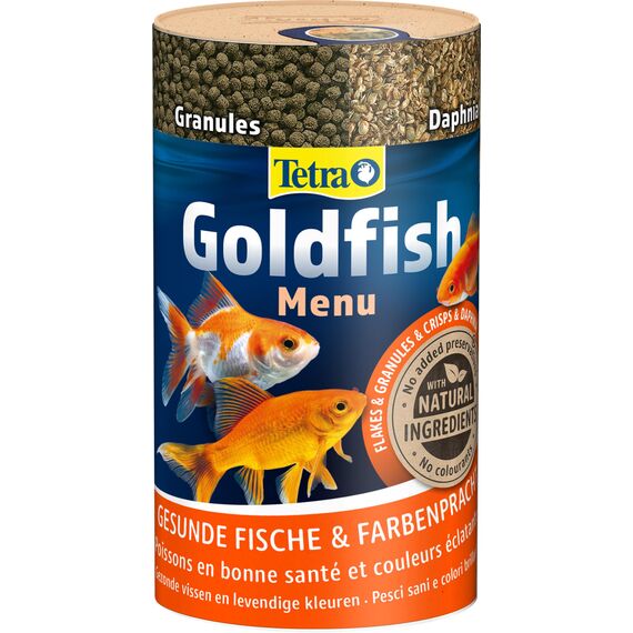 Tetra Goldfish Menu - 4in1 Fischfutter-Mix mit Crisps, Flocken, Granulat und Daphnien für alle Goldfische und andere Kaltwasserfische, 250 ml Dose