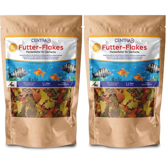 Centra24 Premium Fischfutter 1L, Futter-Flakes, Flocken - Hauptfuttermittel für alle Zierfische mit Vitaminen ohne Konservierungsstoffe, Aquarium, Süßwasserfisch (Packung mit 2)