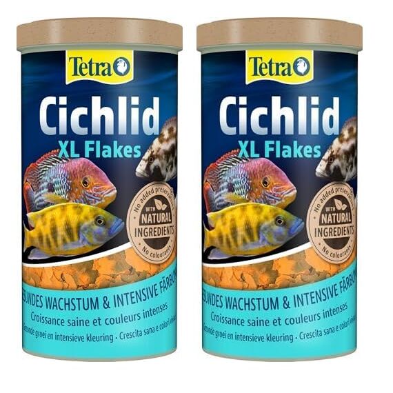 Tetra Cichlid XL Flakes - Fischfutter in Form großer Flocken für größere Cichliden und andere große Zierfische, 1 L Dose (Packung mit 2)