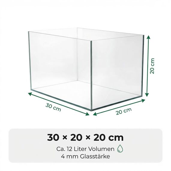 Pondlife Aquarium 30x20x20 cm, 12 Liter Glasbecken ohne Rahmen, 4 mm Floatglas, geschliffene Kanten, Süß- und Salzwasser geeignet, mit Unterlage