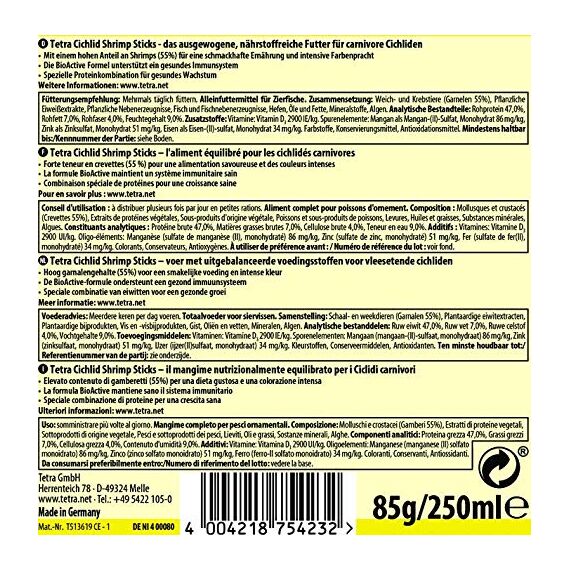 Tetra Cichlid Shrimp Sticks - ausgewogenes und vollwertiges Fischfutter für alle fleischfressenden Cichliden, mit hohem Shrimpanteil, 250 ml Dose (Packung mit 2)