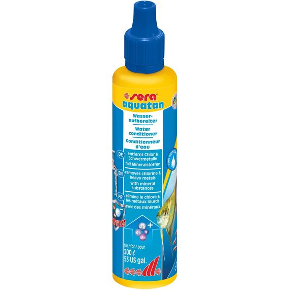 sera aquatan 50 ml | Wasseraufbereiter Aquarium Zubehör entfernt Chlor & Schwermetalle | Aquarium Wasseraufbereiter für fischgerechtes Wasser | pH-Neutral | Für 200 Liter Aquarienwasser