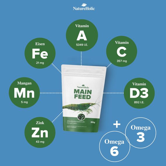 NatureHolic Garnelenfutter Mainfeed - 3 für 2 Spar Set I Futter für Garnelen im Aquarium I Made in Germany I Für besseres Wachstum und Panzer Aufbau | 1 Mainfeed GRATIS geschenkt
