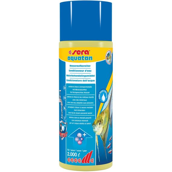 sera aquatan 500 ml | Wasseraufbereiter Aquarium Zubehör entfernt Chlor & Schwermetalle | Aquarium Wasseraufbereiter für fischgerechtes Wasser | pH-Neutral | Für 2000 Liter Aquarienwasser
