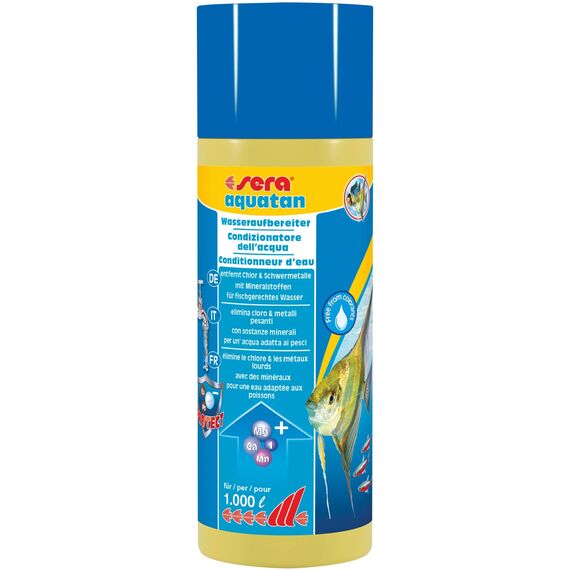 sera aquatan 250ml | Wasseraufbereiter Aquarium Zubehör entfernt Chlor & Schwermetalle | Aquarium Wasseraufbereiter für fischgerechtes Wasser | pH-Neutral | Für 1000 Liter Aquarienwasser