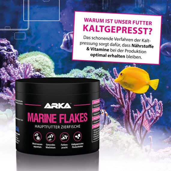 Meerwasserfutter Flocken 250 ml / 30 g – kaltgepresstes Hauptfutter für Meerwasserfische – fördert Farbenpracht, Wachstum & Vitalität – ohne Spirulina & minderwertiges Fischmehl – ARKA Marine Flakes