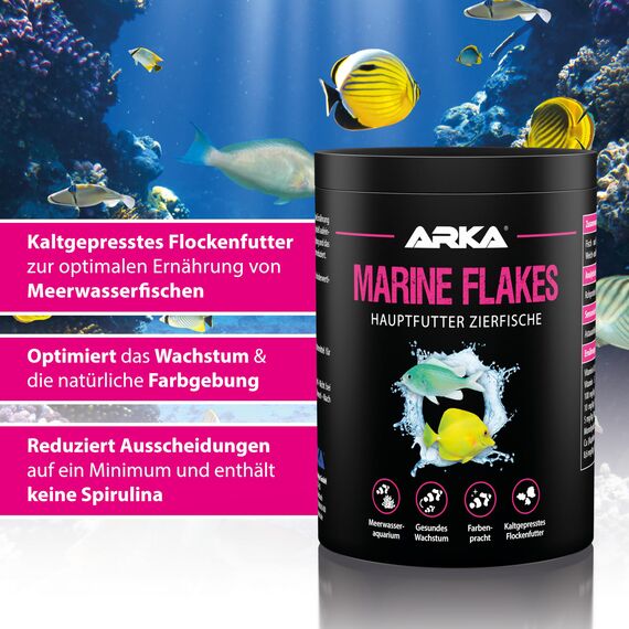Meerwasserfische Futter 1000 ml / 100 g – kaltgepresstes Flockenfutter als Hauptfutter – für Farbenpracht, Wachstum & Fischgesundheit – ARKA Marine Flakes