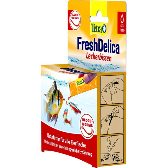 Tetra FreshDelica Bloodworms - natürlicher Snack mit roten Mückenlarven für Zierfische, Leckerbissen in Gelee, 16 x 3 g Beutel