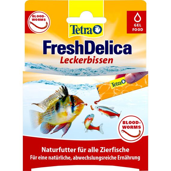 Tetra FreshDelica Bloodworms - natürlicher Snack mit roten Mückenlarven für Zierfische, Leckerbissen in Gelee, 16 x 3 g Beutel