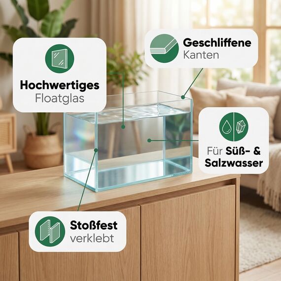 Pondlife Aquarium 30x20x20 cm, 12 Liter Glasbecken ohne Rahmen, 4 mm Floatglas, geschliffene Kanten, Süß- und Salzwasser geeignet, mit Unterlage