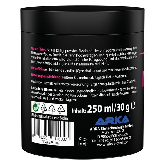 Meerwasserfutter Flocken 250 ml / 30 g – kaltgepresstes Hauptfutter für Meerwasserfische – fördert Farbenpracht, Wachstum & Vitalität – ohne Spirulina & minderwertiges Fischmehl – ARKA Marine Flakes