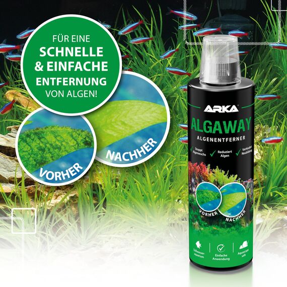 Algenvernichter Aquarium 473 ml – gegen Faden-, Punkt- & Grünalgen – kupferfrei & pflanzensicher – für klares Wasser & gesunde Pflanzen im Süßwasseraquarium – ARKA Algaway
