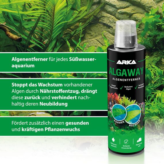 Algenvernichter Aquarium 473 ml – gegen Faden-, Punkt- & Grünalgen – kupferfrei & pflanzensicher – für klares Wasser & gesunde Pflanzen im Süßwasseraquarium – ARKA Algaway