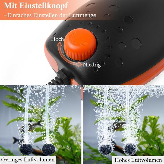 FEDOUR 3W Leise Aquarium Luftpumpe, 300L/H Sauerstoffpumpe leistungsstarker Belüfter für Aquarien bis zu 450L, mit Allem Zubehör