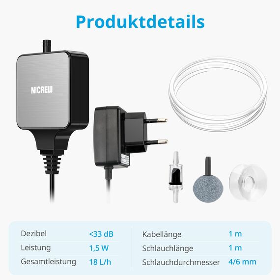 NICREW Aquarium Luftpumpe, Nano Silent Mini Sauerstoffpumpe mit Rückschlagventil, Sehr Leise <33dB Aquarium Zubehoer für Nanoaquarien