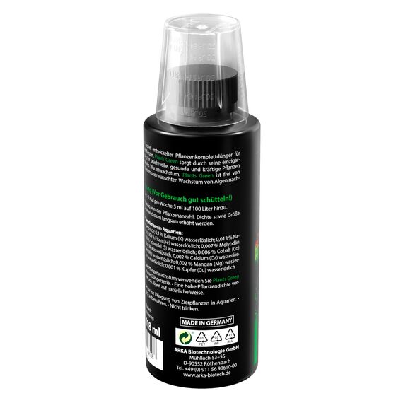 Aquarium Pflanzendünger 118 ml – flüssiger Eisen-Dünger für sattgrüne Blätter & starke Wurzeln – mit Vitaminen & Spurenelementen – für Wasserpflanzen – ARKA Plants Green