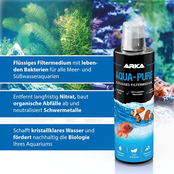Wasserklärer Aquarium 473 ml – gegen Trübungen, Schwebstoffe & belastetes Wasser – für kristallklares Wasser in Süß- & Meerwasseraquarien – biologisch – ARKA Aqua-Pure
