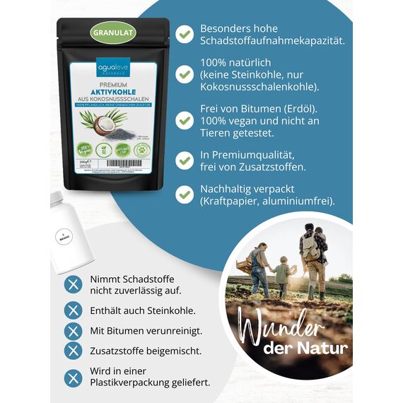AGUALEVE® Premium Aktivkohle Granulat 200g aus Kokosnussschalen - Die Nr. 1 - Pflanzen, Katzenklo, Aquarium, & Co. - 100% natürlich, frei von chemischen Zusätzen und Bitumen - Körnung: 0,5-2,5mm