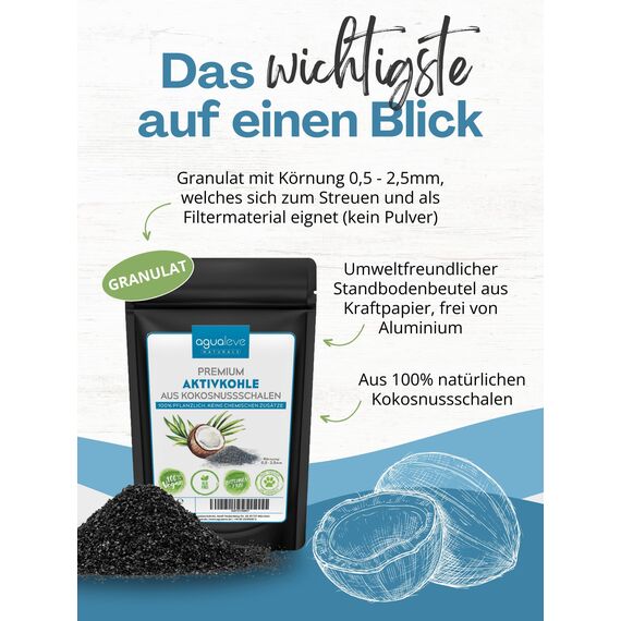 AGUALEVE® Premium Aktivkohle Granulat 200g aus Kokosnussschalen - Die Nr. 1 - Pflanzen, Katzenklo, Aquarium, & Co. - 100% natürlich, frei von chemischen Zusätzen und Bitumen - Körnung: 0,5-2,5mm