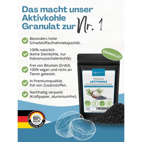 AGUALEVE® Premium Aktivkohle Granulat 200g aus Kokosnussschalen - Die Nr. 1 - Pflanzen, Katzenklo, Aquarium, & Co. - 100% natürlich, frei von chemischen Zusätzen und Bitumen - Körnung: 0,5-2,5mm