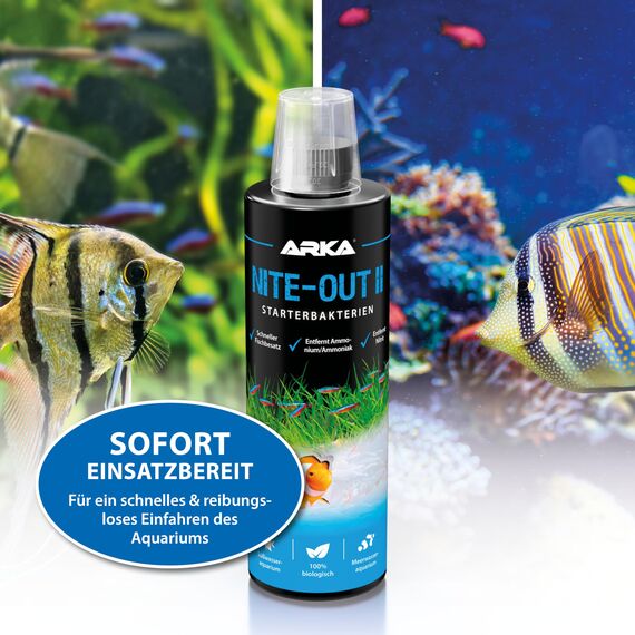 Starterbakterien Aquarium 118 ml – baut Ammonium & Nitrit schnell ab – für Einfahrphase, Neustart, Wasserwechsel & Fischbesatz – sofort aktiv für Süß- & Meerwasser – ARKA Nite-Out II