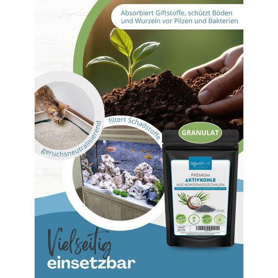 AGUALEVE® Premium Aktivkohle Granulat 200g aus Kokosnussschalen - Die Nr. 1 - Pflanzen, Katzenklo, Aquarium, & Co. - 100% natürlich, frei von chemischen Zusätzen und Bitumen - Körnung: 0,5-2,5mm