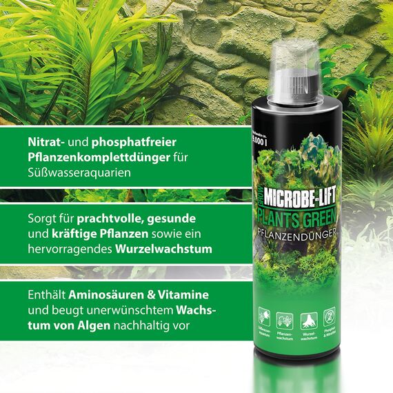 Aquarium Pflanzendünger 118 ml – flüssiger Eisen-Dünger für sattgrüne Blätter & starke Wurzeln – mit Vitaminen & Spurenelementen – für Wasserpflanzen – ARKA Plants Green