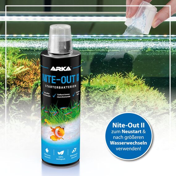 Bakterien Aquarium 236 ml – Starterbakterien für Einfahrphase, Wasserwechsel & Fischbesatz – baut Ammonium und Nitrit biologisch schnell ab – ARKA Nite-Out II