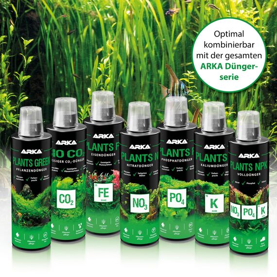 Aquarium Pflanzendünger 118 ml – flüssiger Eisen-Dünger für sattgrüne Blätter & starke Wurzeln – mit Vitaminen & Spurenelementen – für Wasserpflanzen – ARKA Plants Green